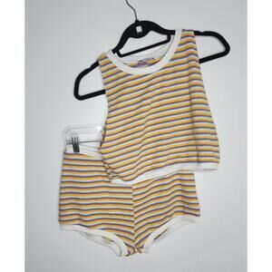 Zara Set Womens Large Striped Knit Crop Tank Top Shorts Yellow Blue Lounge